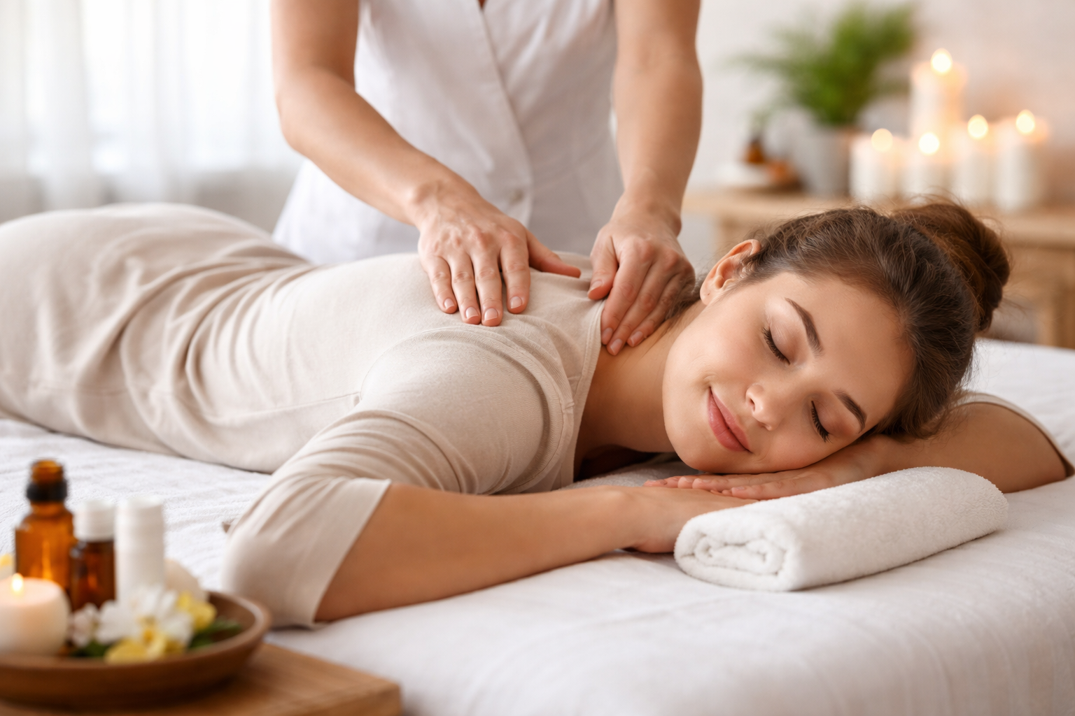 Client relaxing during a craniosacral therapy session for chronic pain and stress relief