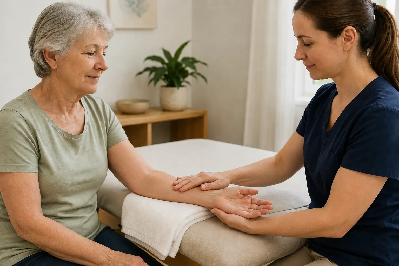 Massage therapist providing gentle manual therapy for a client living with chronic pain